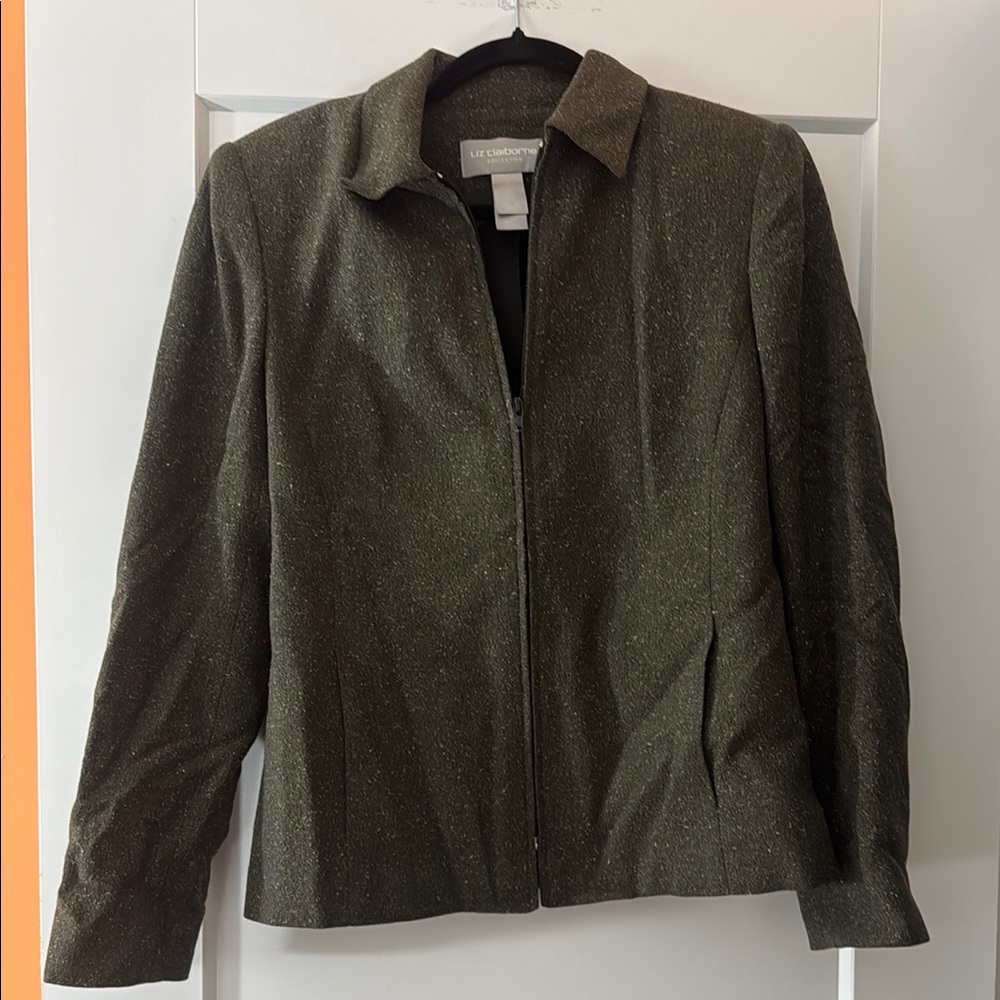 Liz Claiborne Green Blazer with Silk Liner and Zipper